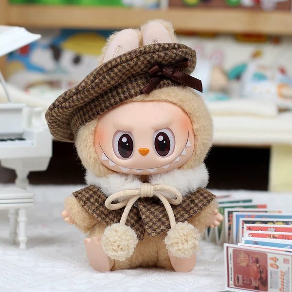 Vintage Check Plaid Set — Beret, Cloak & Furry Scarf (3-piece)